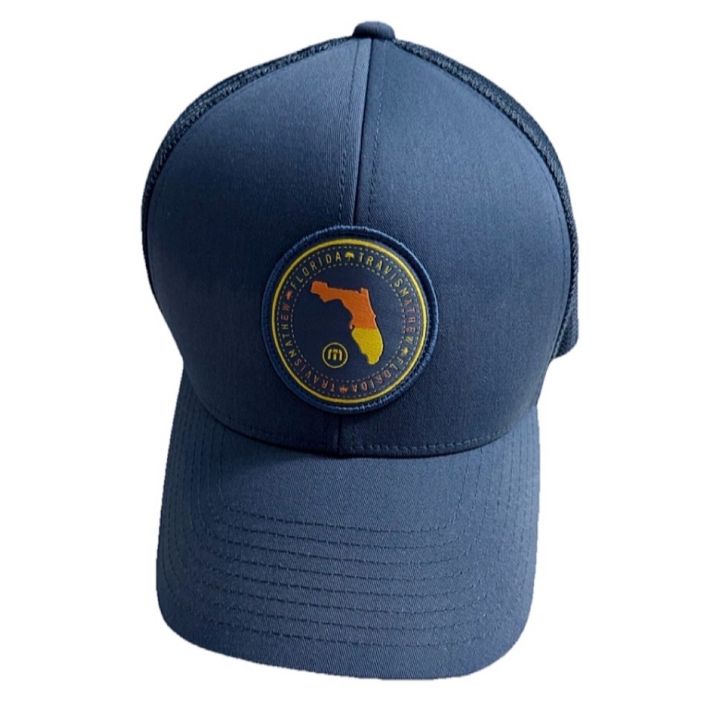 TravisMathew Florida Trucker Hat Blue Snapback Golf Cap Flexfit 110